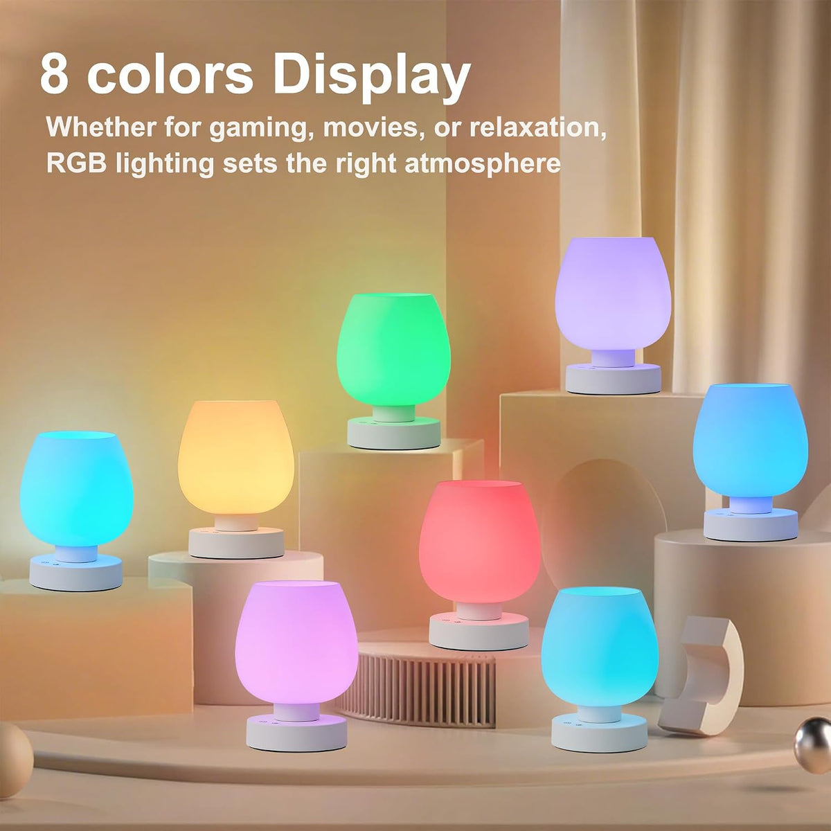 Cordless Touch Bedside Table Lamp, Small Rechargeable Battery RGB Light