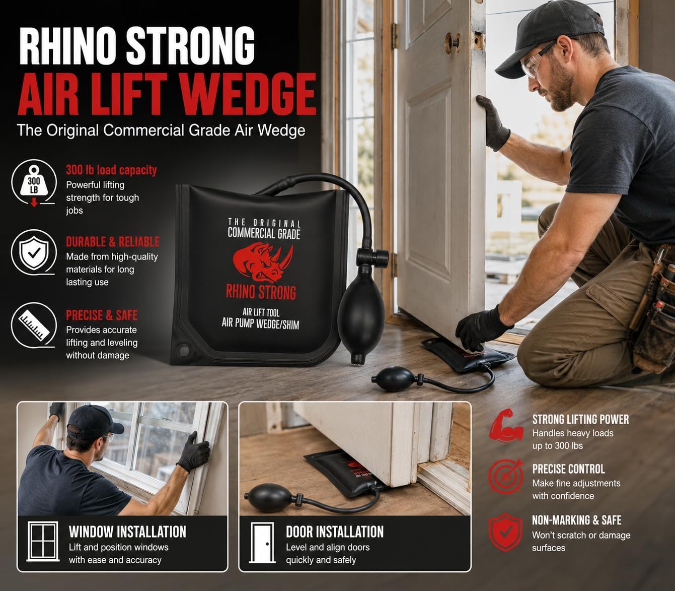 The Original Rhino Strong Commercial Grade Air Wedge Bag Pump Professional Leveling Kit & Alignment Tool Inflatable Shim Bag 3 Piece (Small, Medium, Large). 3 sizes for all of your individual needs.