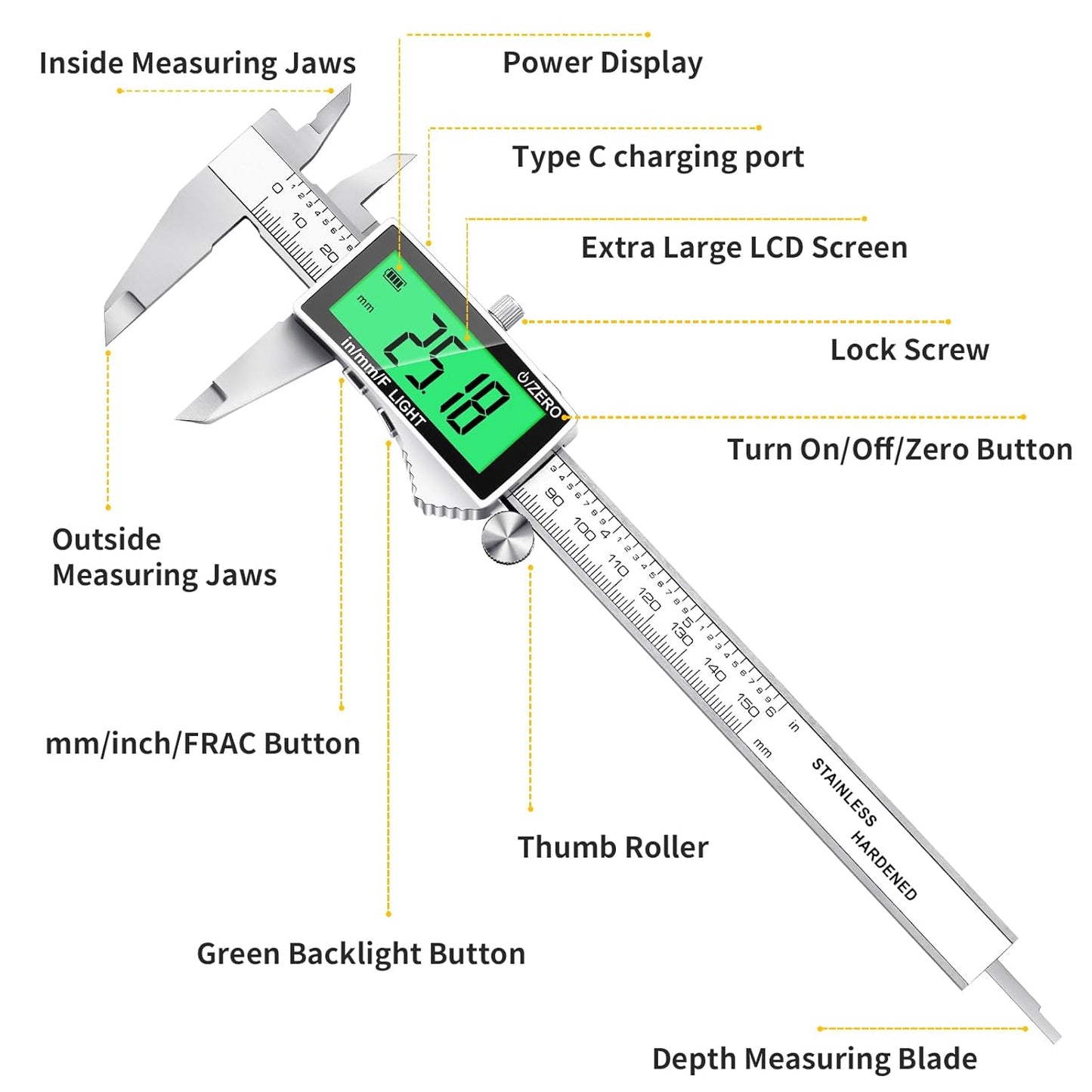Rechargeable Digital Caliper 6 Inch, Large Backlit LCD Display, Stainless Steel Electronic Vernier Dial Calipers Measuring Tool, Inch/MM/Fraction, Auto-Off Micrometer for DIY, Household, 3D Printing