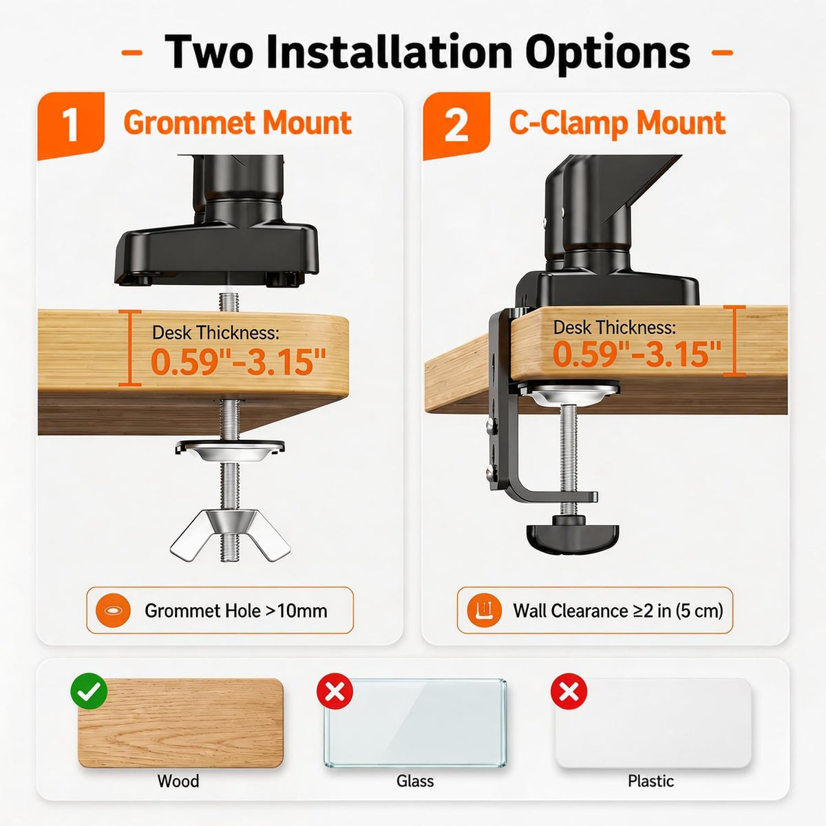 Dual Monitor Arm, Gas Spring VESA Mount Stand for 13‑32 Inch Computer Screens, Full Motion Fully Adjustable with C‑Clamp & Grommet Mounting Base, Each Arm Holds 4.4‑19.8 lbs