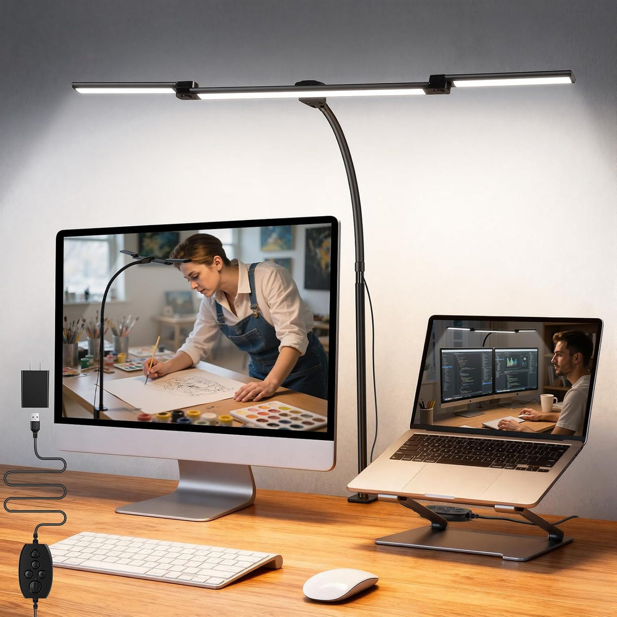 LED Desk Lamp for Office Home, Adjustable 3 Head Desk Light with Adapter