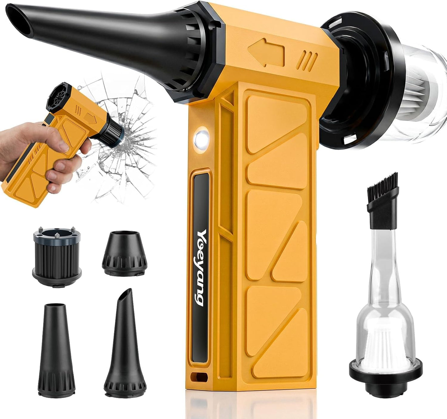 Compressed Air Duster, Industry-First O-Shaped Air Duct 13-Blade Dual-Layer | 4 Gear 6-in-1 Cordless Electric Mini Blower, Vacuum & Inflator, LED Light & Window Breaker for PC, Car, Home, Outdoor