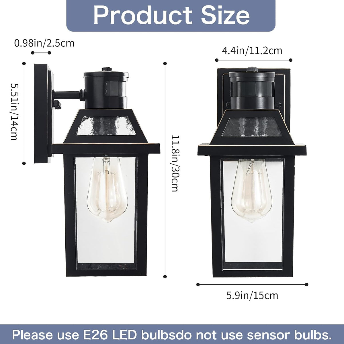 Motion Sensor Porch Light, Dusk to Dawn Outdoor Wall Light, Black, 1 Pack