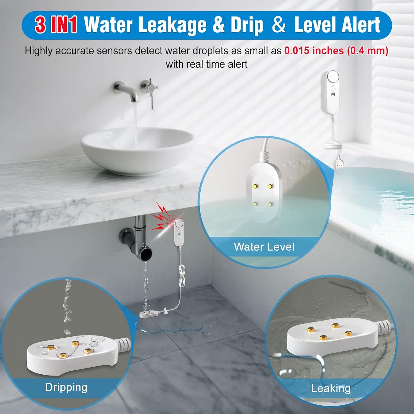 DAYTECH Water Leak Detectors 2 Pack, 100 dB Sump Pump Alarm, 78 Inch Cable | Drip and floor flood detection, high water alert for sump pits, 4 volume levels, water heater and washer areas, no WiFi