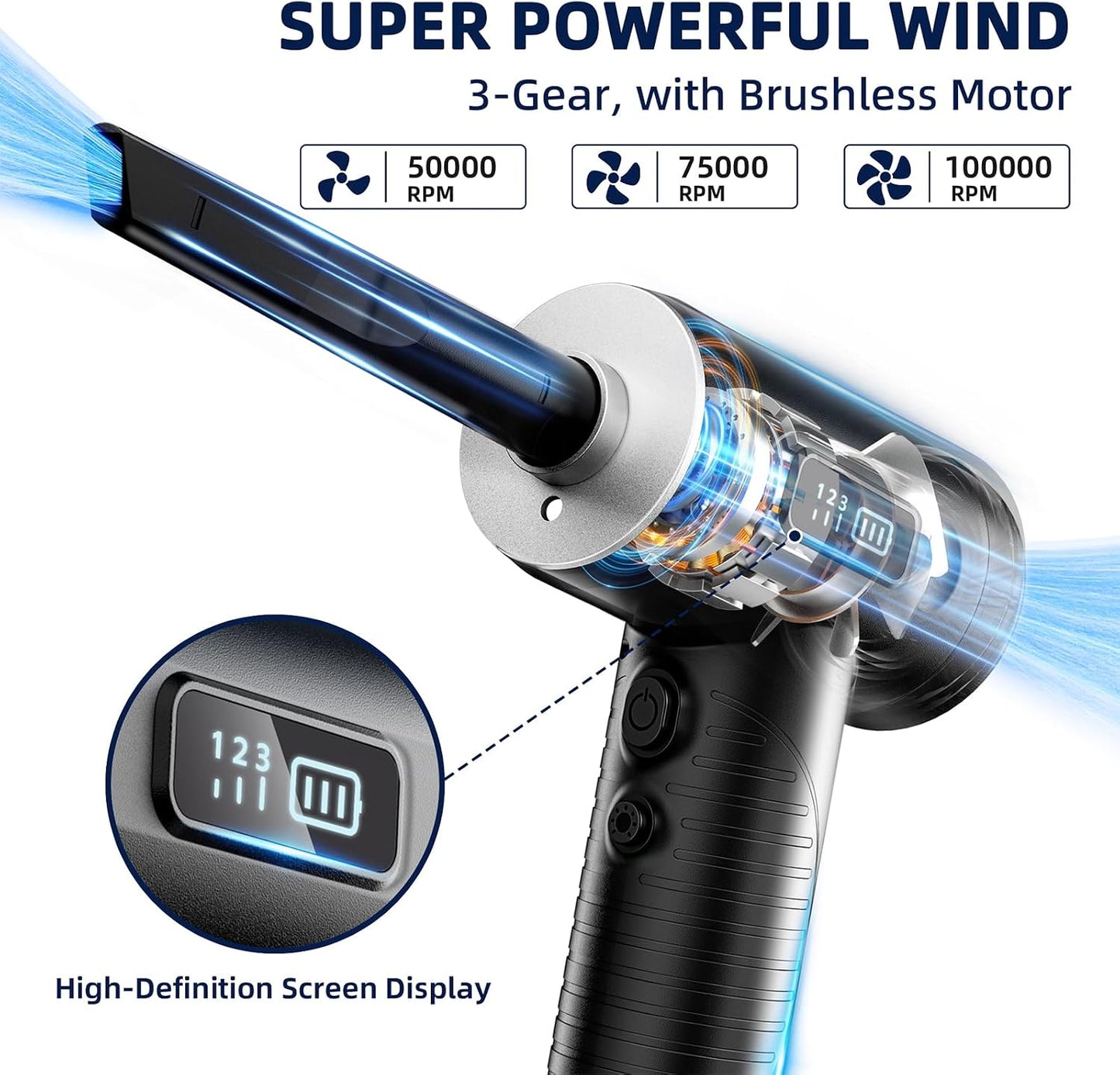 Compressed Air Duster, 100000RPM Super Power Electric Air Duster with LED Light, 3-Gear Adjustable Rechargeable Cordless Air Blower for Keyboard Car House Electric Devices Cleaning Outdoor