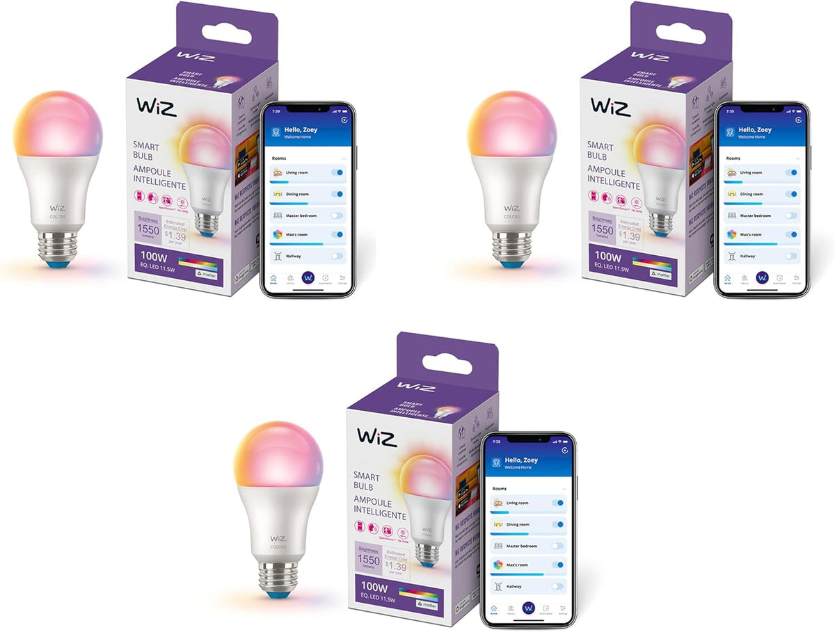 WiZ Connected 100W A19 LED Smart Light Bulbs Color - Connects to Your Wi-Fi - E26 Smart Bulb - Control with Voice or App + Activate with Motion - Matter Compatible