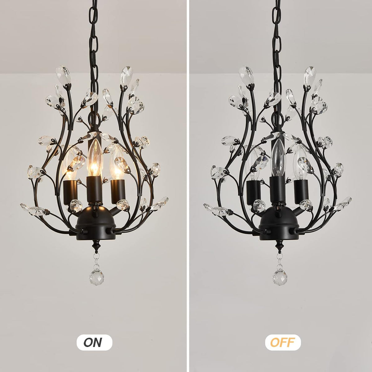 CVKASH 3 - Light Branch Crystal Chandelier Small Flush Mount Vintage Pendant Hanging Lighting Farmhouse Light Fixture for Bedroom Porch Dining Room Kitchen Hallway Foyer(Matte Black)