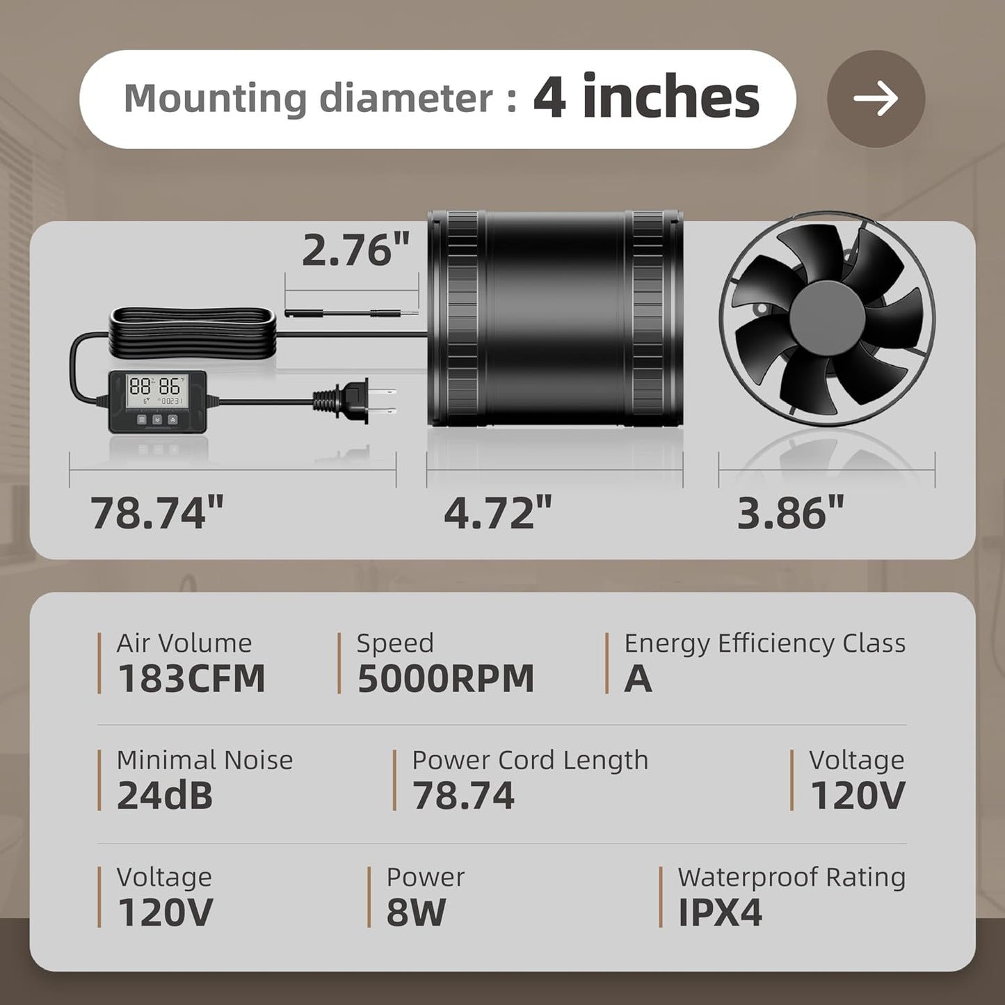 4 Inch Inline Duct Fan Kit with Timer Humidity Sensor Remote Control | Smart Humidity Sensor,6 Speeds,5000 RPM Airflow,24 dB Low Noise,Easy Installation in Grow Tents Basements