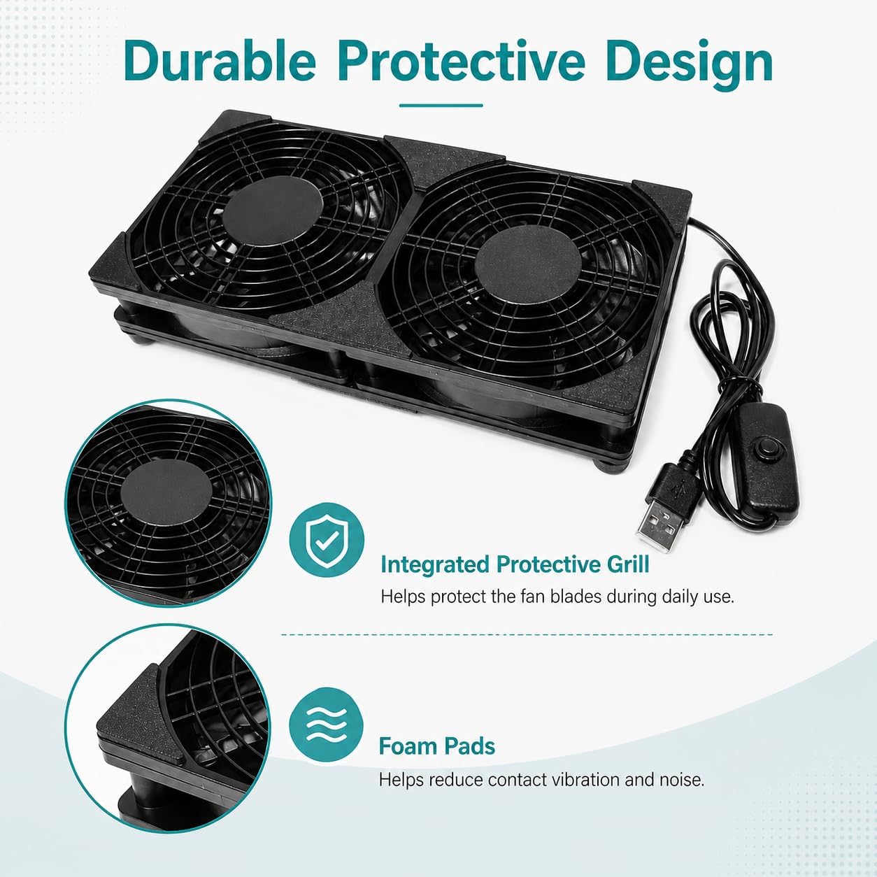 240mm Dual USB Cooling Fan, 2 x 120mm 5V USB Powered Cooling Fans with Inline On/Off Switch, Quiet Fan for Router, TV Box, Receiver, DVR, Laptop, AV Cabinet and Electronics