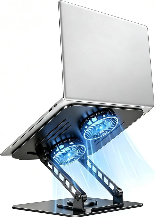 Laptop Stand with Cooling Fan, 360° Rotating Base Aluminum Laptop Riser, Foldable Ergonomic Computer Stand for Desk, Height Adjustable Notebook & All Laptops Up to 17.3" (Black)