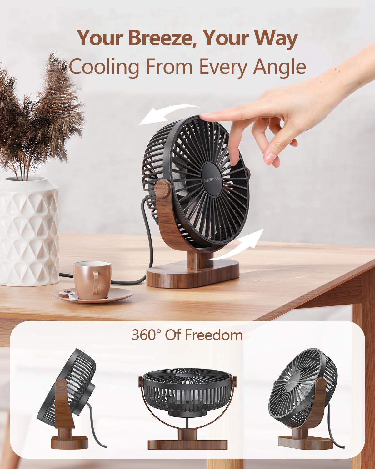 SWEETFULL Small USB Desk Fan, Desktop Table Fan, Quiet Office Mini - Black | 6.5" Personal Fan; 3 Speeds; 360° Adjustable; 25dB; 10oz; USB Powered; Stable Base; Easy Cleaning-Home & Cooling; Retro Decor