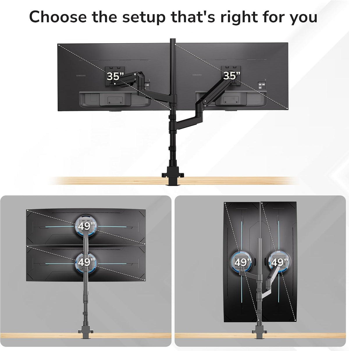 Mount-It! Dual Ultrawide Monitor Desk Mount for 17–49” Screens, Height-Adjustable Stacking Arms with Pole, Heavy Duty Gas Spring, Full Motion, VESA 75/100, Clamp or Grommet