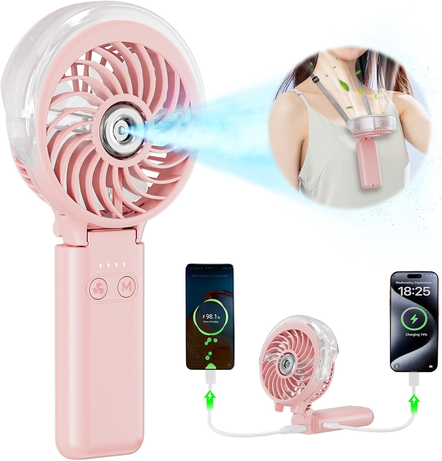 HandFan 5200mAh Upgraded Handheld Misting Fan, Personal Mister Fan, Spray Water Mist Fans USB Rechargeable, Electric Mini Cooling Ice AC Fans for Summer Beach Travel Gifts for Women(Pink)