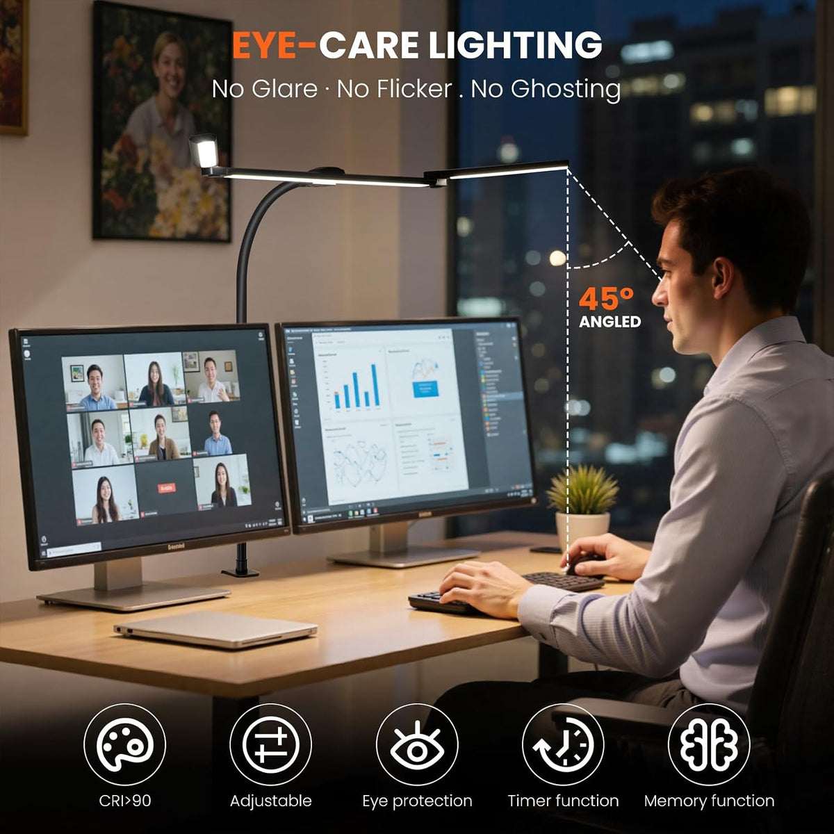 LED Desk Lamp for Office Home, 3 Head Adjustable Desk Light with Adapter