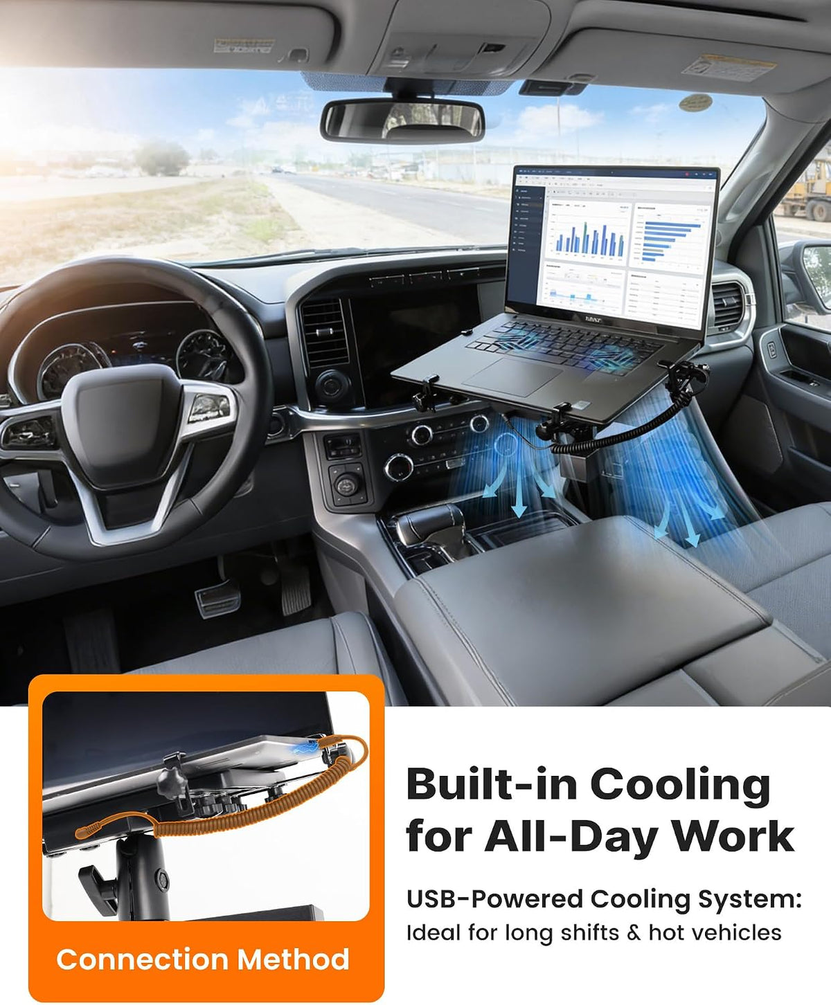 Truck Laptop Mount Fit for 19-26 Chevy Silverado, Tahoe, GMC Sierra, No-Drilling Vehicle-Specific Laptop Holder with Cooling Fan Adjustable Height for Work on The Go
