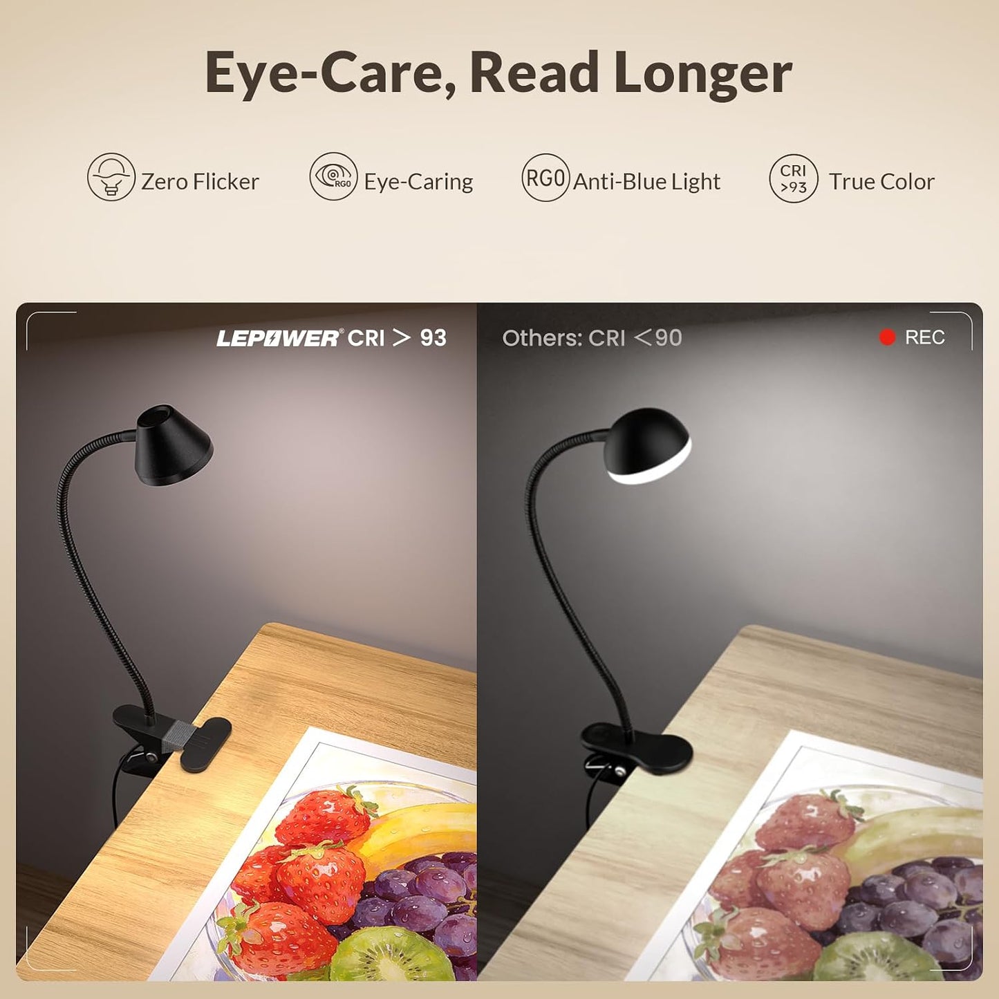 LEPOWER Clip on Light, Reading Lights for Books in Bed, 400LM, RG0 Eye-Care | 5 Colors & Stepless Dimming, Amber Glow Light & Auto Timer, Up to 2.3" Strong Clamp with Adapter for Headboard, Bedside, Desk