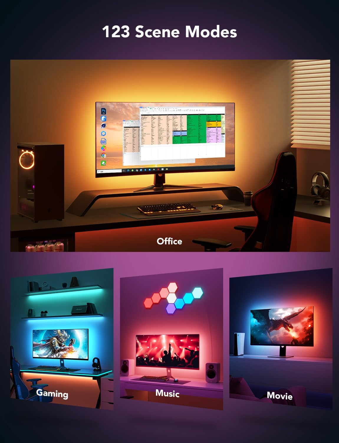 Govee Gaming Light for Monitor G1, RGBIC LED Backlight for 27-34 Inch PC | Smart LED Lights for Monitors with Color Matching, Adapts to Curved Monitors, Double Strip Light Beads with 123 Scene Modes