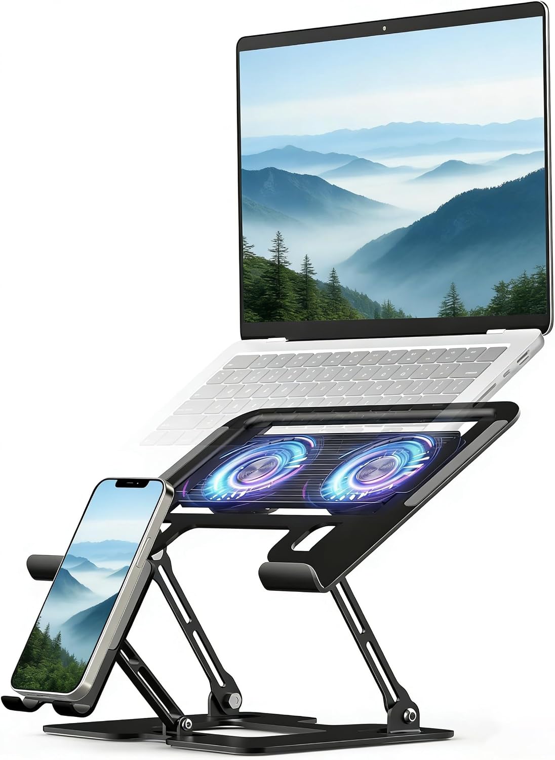 Laptop &amp; Phone 2-in-1 Cooling Stand with Silent Fan, Adjustable Height &amp; Angle, Carbon Steel Foldable Laptop Riser, Gaming Laptop Cooler Pad for Laptops Up to 18 Inch (Black)