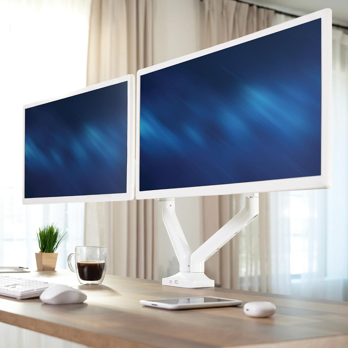 VIVO Dual Pneumatic Arm Ultra-Wide Monitor Mount for up to 35 inch Screens, Holds 26.4 lbs per Arm, Desk Mount Monitor Stand for 2 Ultrawides, White, STAND-V200OW