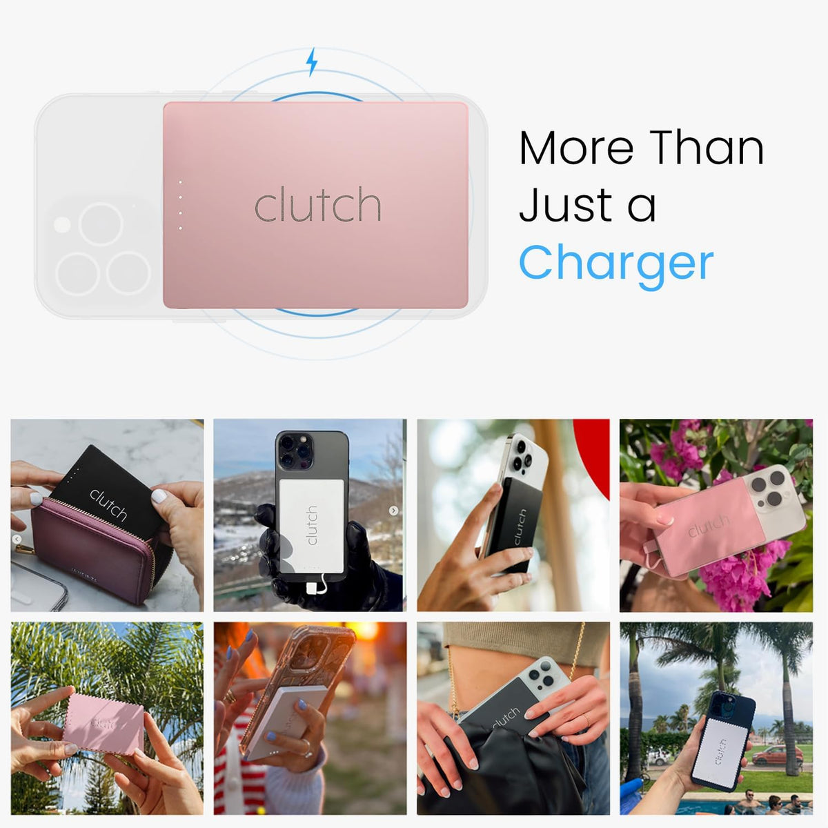 Clutch Pro – World's Thinnest iPhone Charger – Portable Power Bank 5000mAh – Magnetic Built-in Lightning Cable – TSA Approved Travel Charger – iPhone 14 & Earlier – Pink