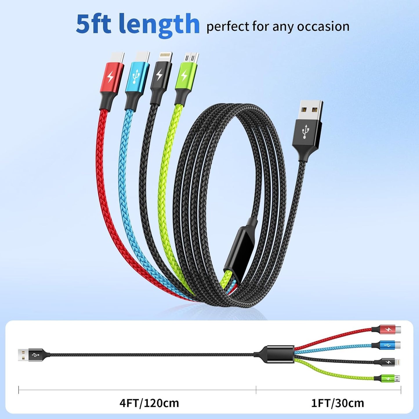 4 in 1 Multi Charging Cable, 2 Pack 5FT Charging Cords for Multiple Devices | USB Cable Phone Charger with USB C, IP and Micro, Nylon Braided, Cruise Essentials 2026, Travel Car Accessories