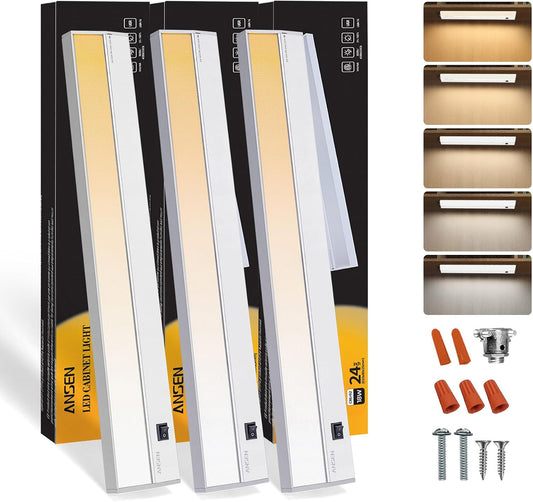 Ansen 3Packs of Under Cabinet Lights for Kitchen, 24in 18W 1237LM, Dimmable Hardwire Led Light for Closet, CRI>92, R9>90, 5 Color Temperature, 2700K-5000K(Warm White, Cool White, Daylight)