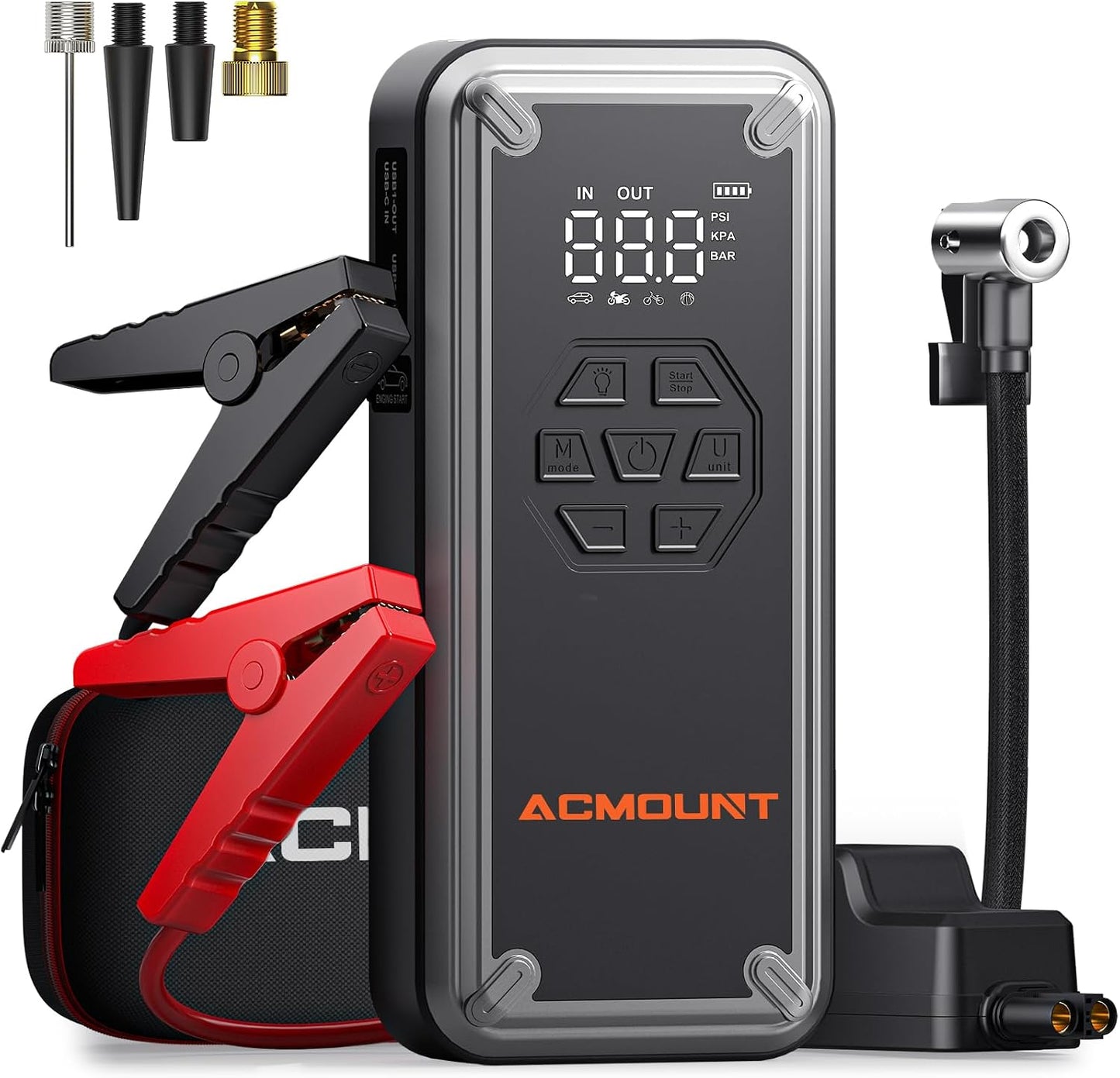 ACMOUNT W160 5000A Jump Starter with Air Compressor 150PSI, 12V Jump Box | Car Jumper Starter Portable(9L Gas/8L Diesel) with Jump Cables, Tire Inflator, 3 LED Light Modes, Power Bank, Car Essentials