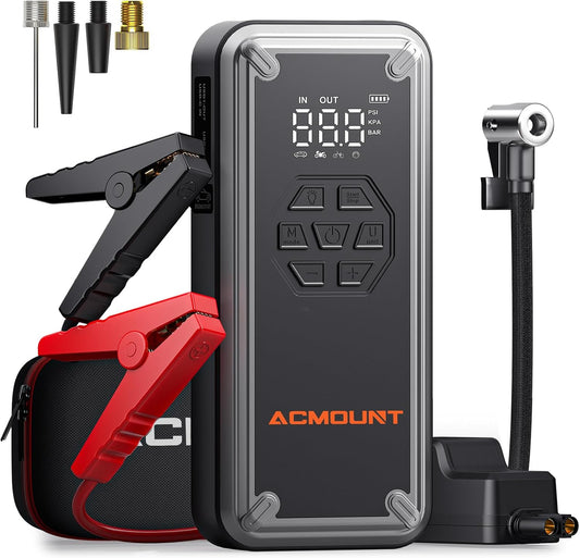 ACMOUNT W160 5000A Jump Starter with Air Compressor 150PSI, 12V Jump Box | Car Jumper Starter Portable(9L Gas/8L Diesel) with Jump Cables, Tire Inflator, 3 LED Light Modes, Power Bank, Car Essentials