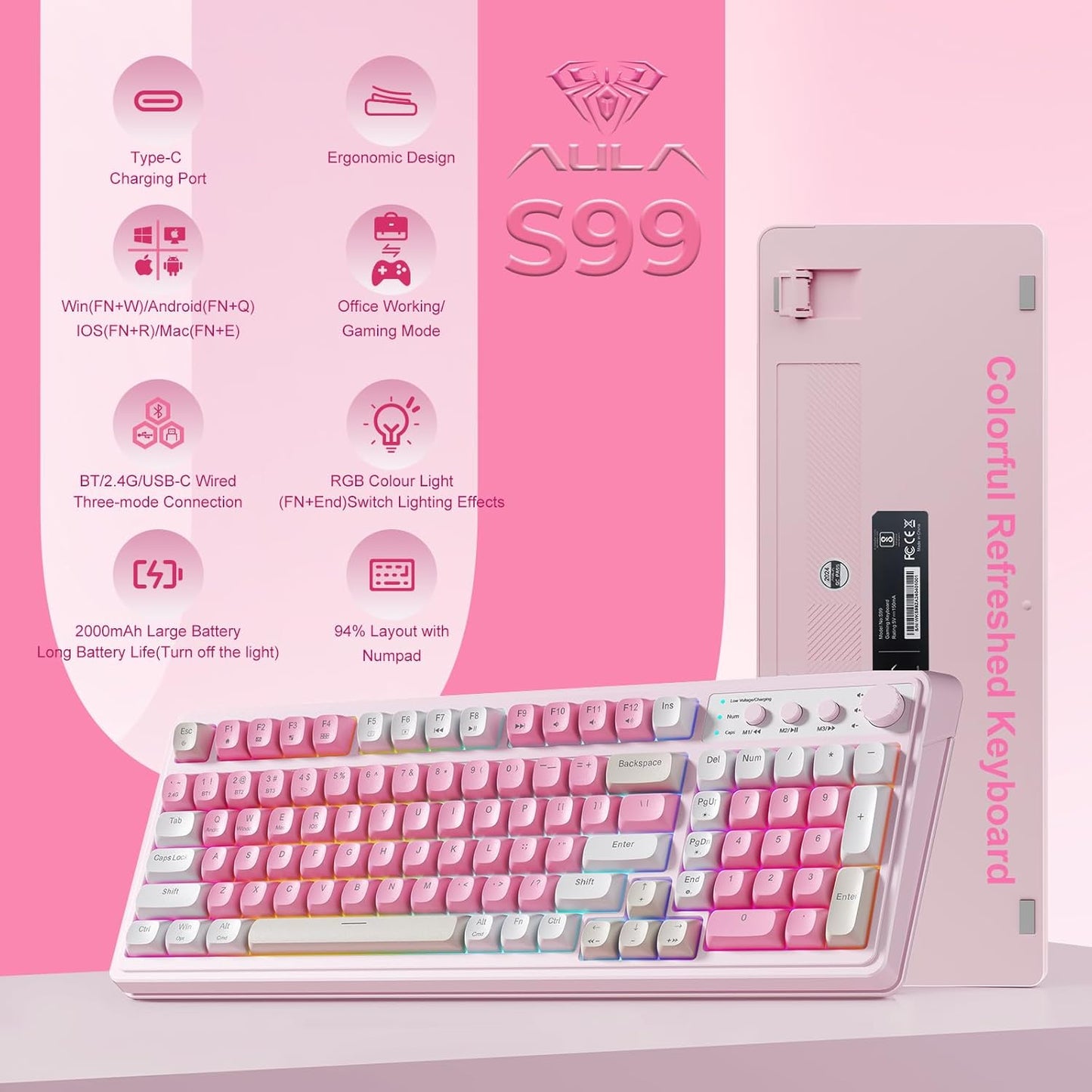 AULA 99 Key Keyboard, Wireless Pink Gaming Keyboard Creamy with Number Pad | Membrane Keyboard,RGB Backlit,Tri-Mode BT/2.4GHz/USB-C,2000mAh Rechargeable Thocky Clicky Creamy Sound Computer Keyboards
