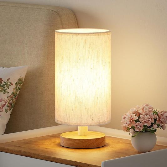 9" Small Table Lamp for Bedroom - Inline Control with 3000K Blub | Cream Shade and Wood Base | 680 Lumens | Easy Assembly | Minimalist Design | E26 | for Kitchen | for Kids Room