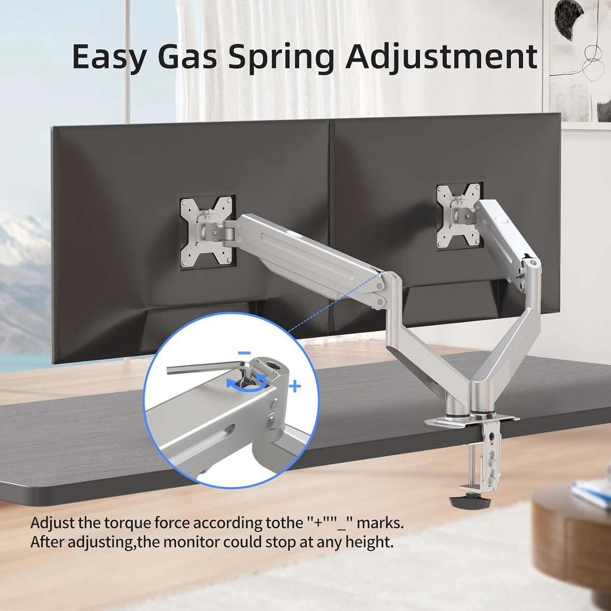 Suptek Dual Monitor Mount Stand-Height Adjustable Gas Spring Monitor Arm Desk Mount for 2 Computer Screens 17 to 32 inches - Each Arm Holds up to 22lbs,Silver(MD8SPS)