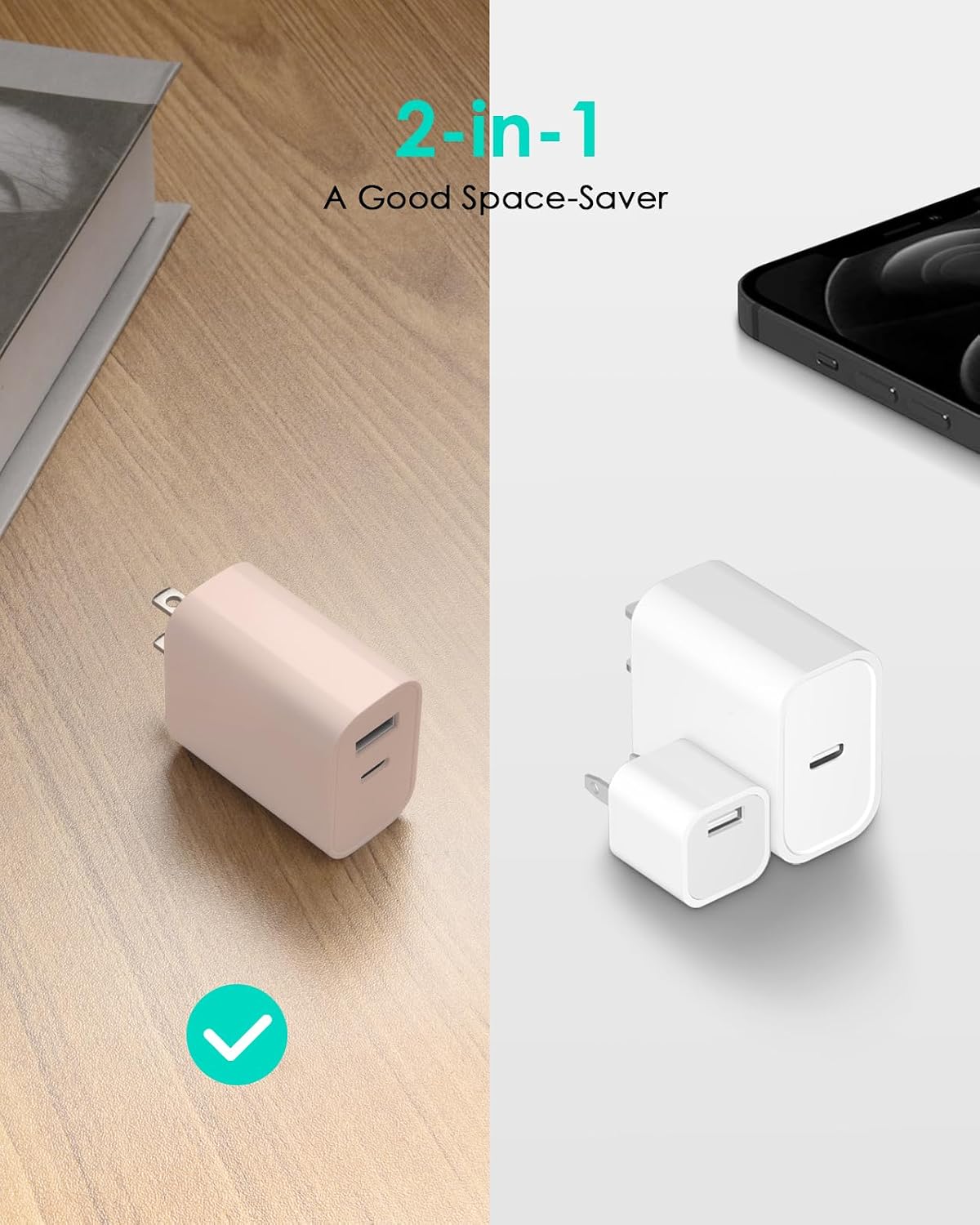 [4 Pack] USB C Charger Block Fast Charging Multiport Adpater [PD 20W USB-C & QC 3.0 USB-A Port] for iPhone 17/16/15/14/13/12/11/X/8, iPad, Galaxy, Google & More [Light Pink]
