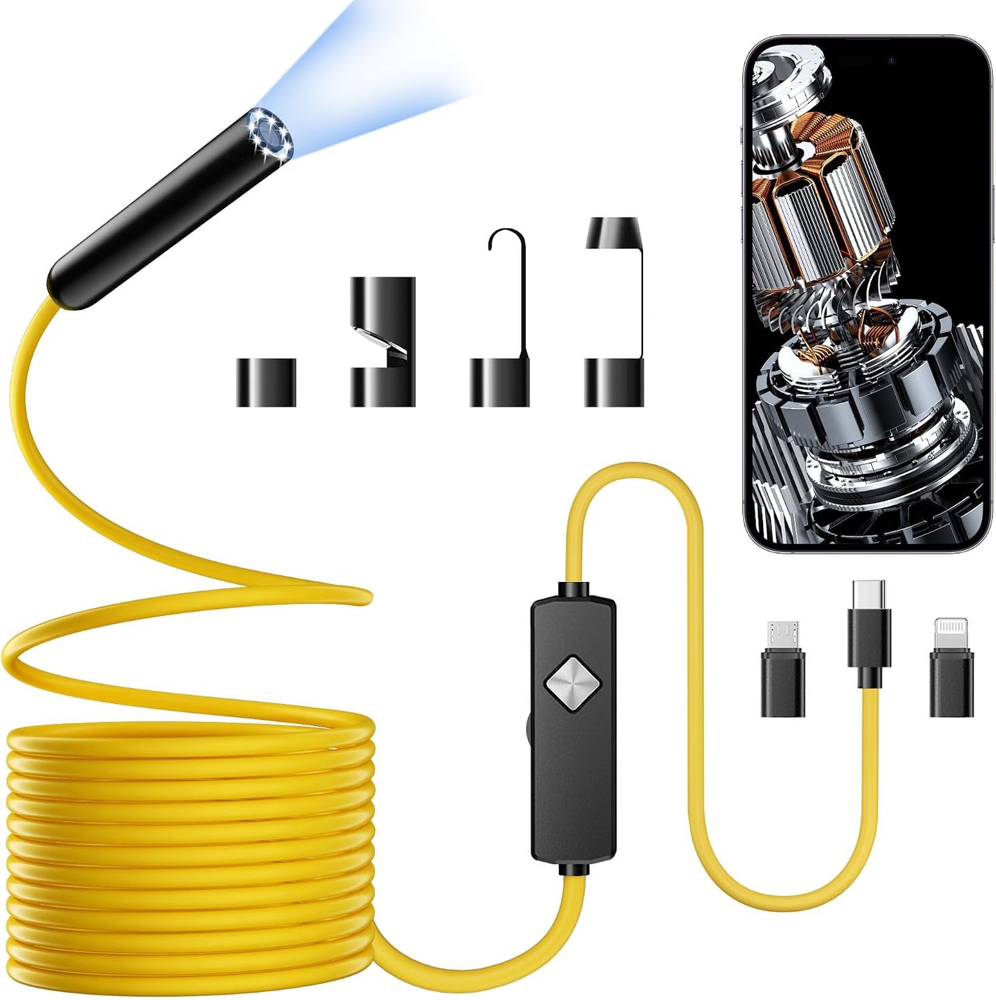 Endoscope with Light, 1920P HD Borescope with 8 Adjustable LED Lights, Semi-Rigid Snake Camera, IP67 Waterproof Inspection Tool (16.4ft, Black Harness + Dual Lens)