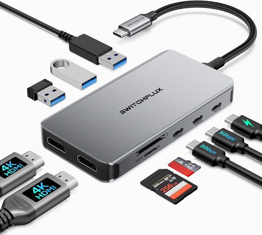 Docking Station Dual Monitor, 10 in 1 USB C Dock with 2 HDMI