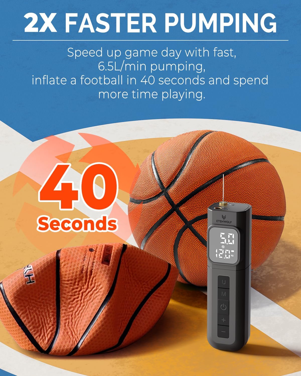 ETENWOLF P200 Electric Ball Pump 2000mAh Air Pump for Sports Balls | with Preset Gauge and Digital LCD Display, Fast Inflation & Deflation for Basketball Soccer Volleyball Football