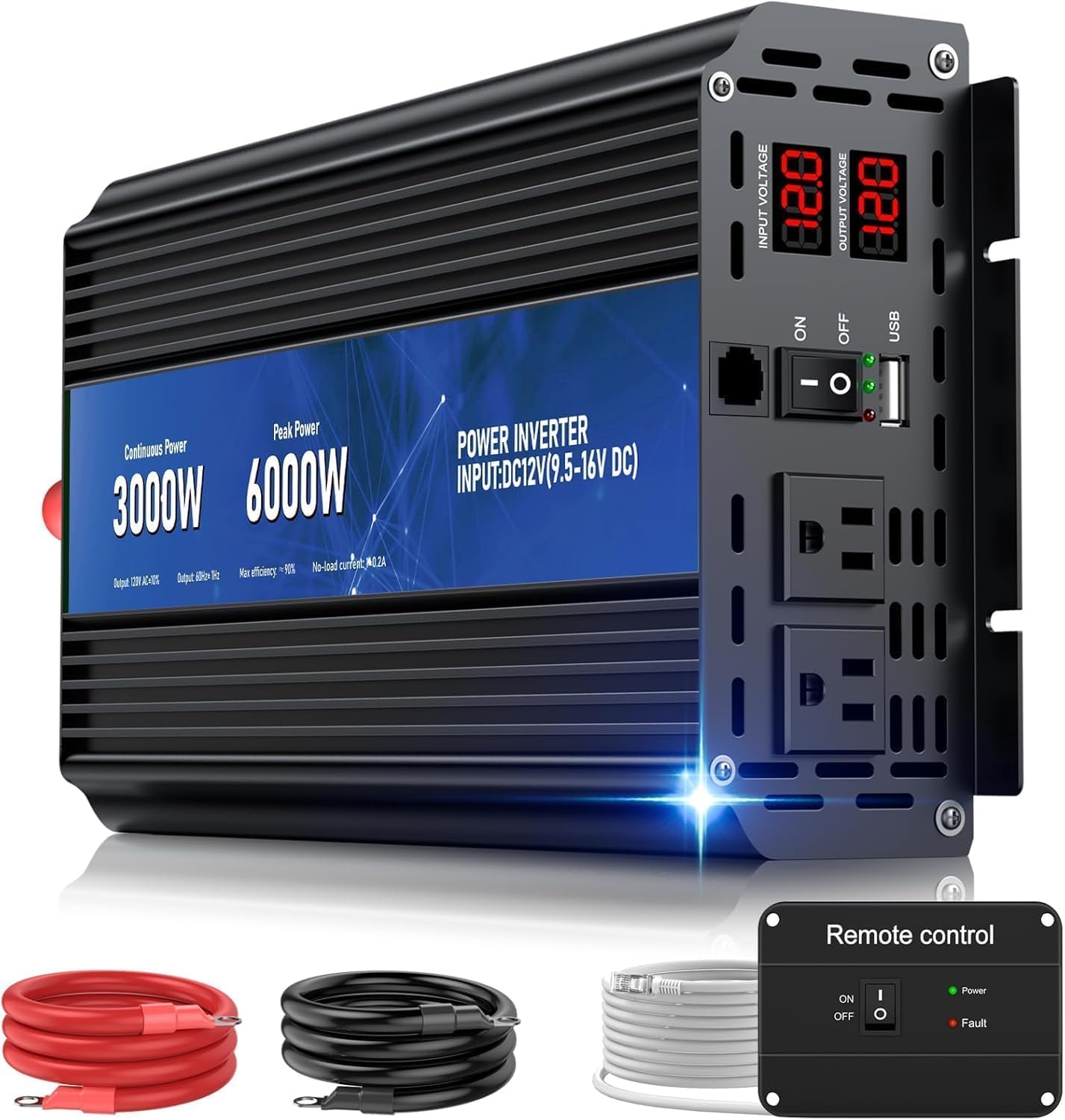 3000W Power Inverter 12V DC to 110V/120V AC Converter, 6000W Peak RV Use | LCD Display & Remote Control, Dual AC Outlets，3.4A USB Port for RV, Truck, Solar System, Emergency Backup, Camping,Off-Grid