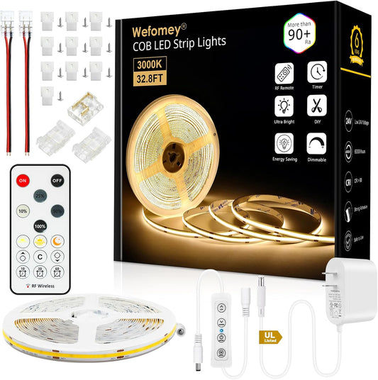 Wefomey 33ft COB LED Strip Lights 3000K Warm White Dimmable DC 24V