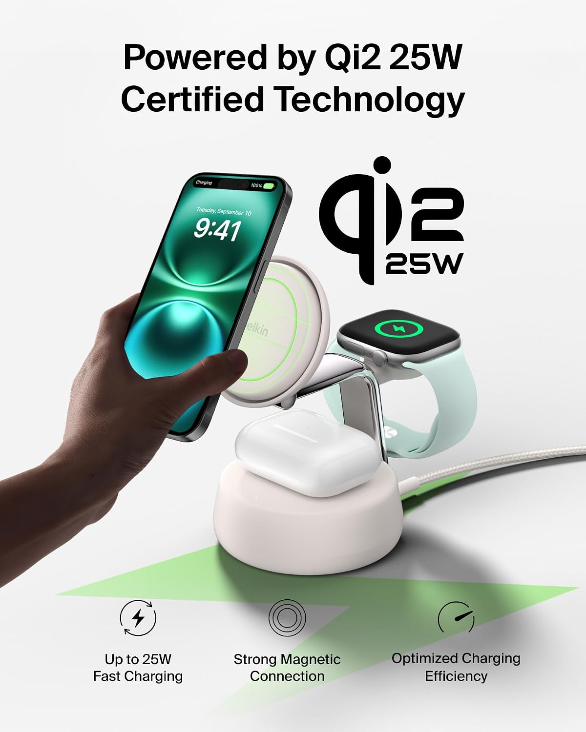 Belkin Qi2.2 25W Wireless Fast Charging Station, 3 in 1 iPhone Charger | Fast Charging, MagSafe Compatible, iPhone 17/16/15, Apple Watch, AirPods, Travel Charger, Magnetic