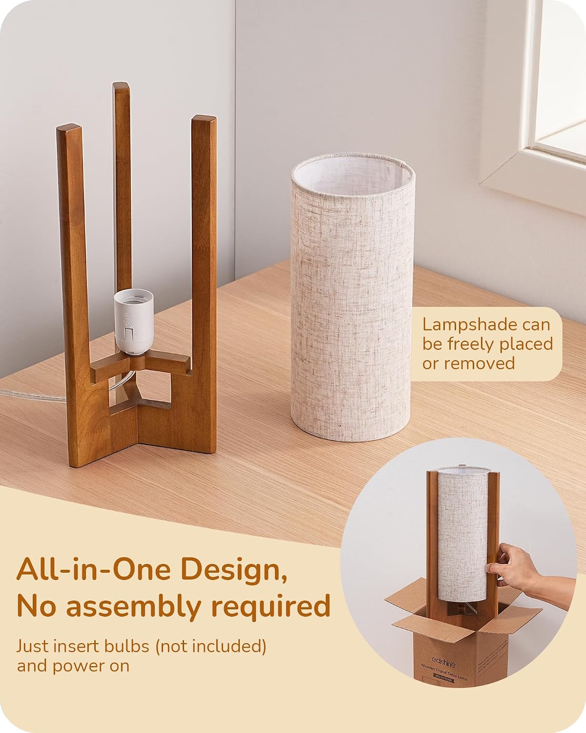 EDISHINE 13.5" Small Table Lamp, Walnut Wood Cylinder Nightstand Lamp, E26 | Beige Linen Shade, On-Off Line Switch, Three-Sided Base, Corner Modern Bedside Lamp for Living Room, Bedroom