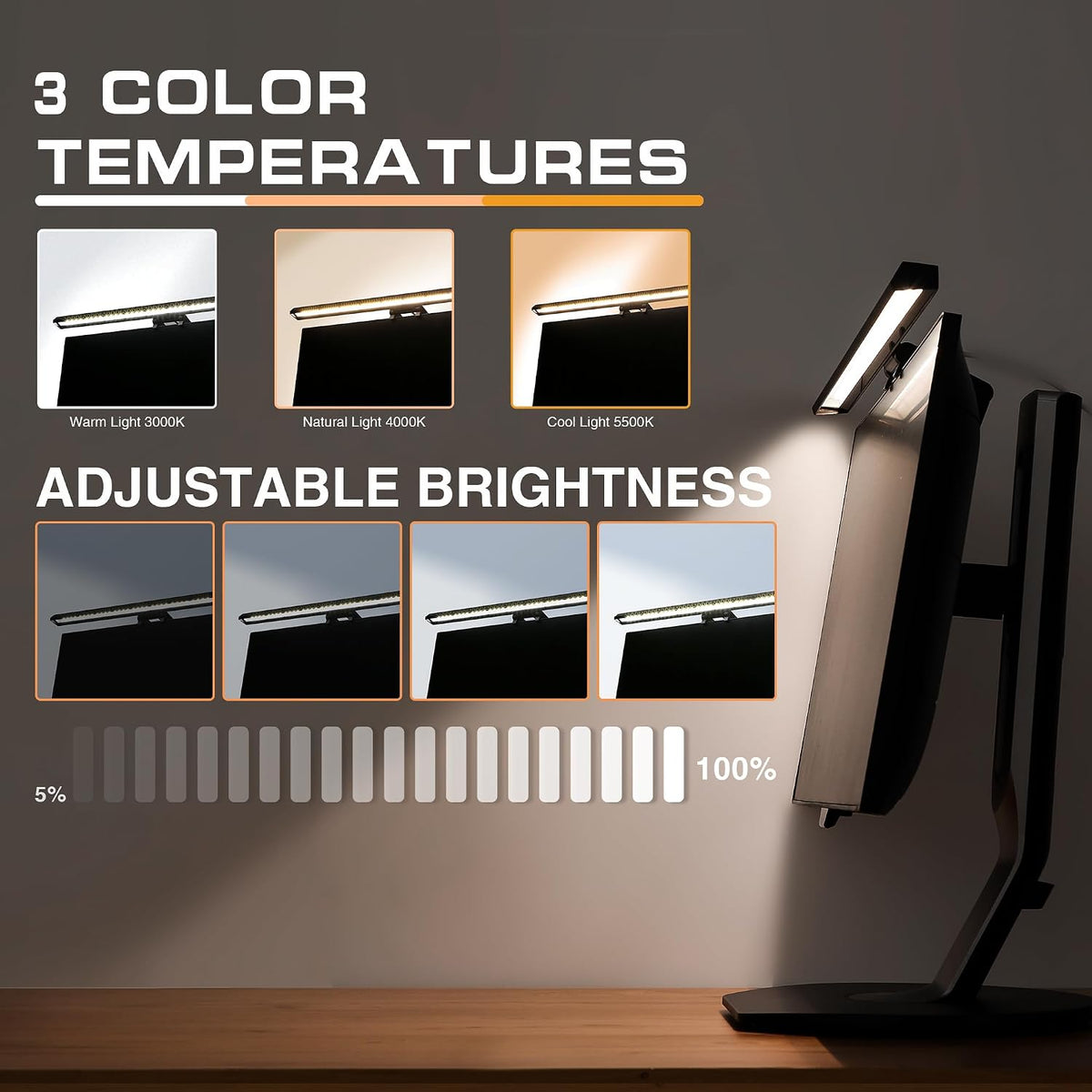 Monitor Light Bar with RGB Backlight, 3 Color Temperatures & Stepless Dimming, Music Sync LED Screenbar with Touch Control Button for Over Computer Screen Office