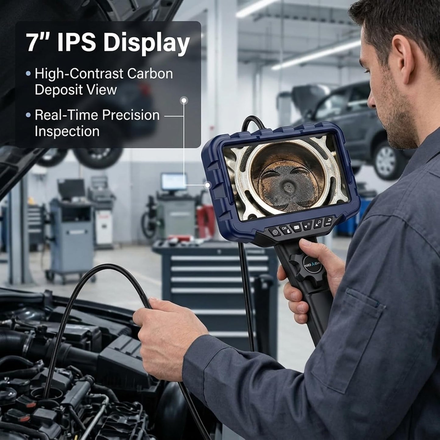 7" IPS Borescope, 1080P HD Articulating Endoscope Camera with Light | 0.24in Inspection Borescope, Wide Angle lens, IP67 Waterproof, 32GB Card, Carrying Case, for Automotive, Wall, Mechanics Tool
