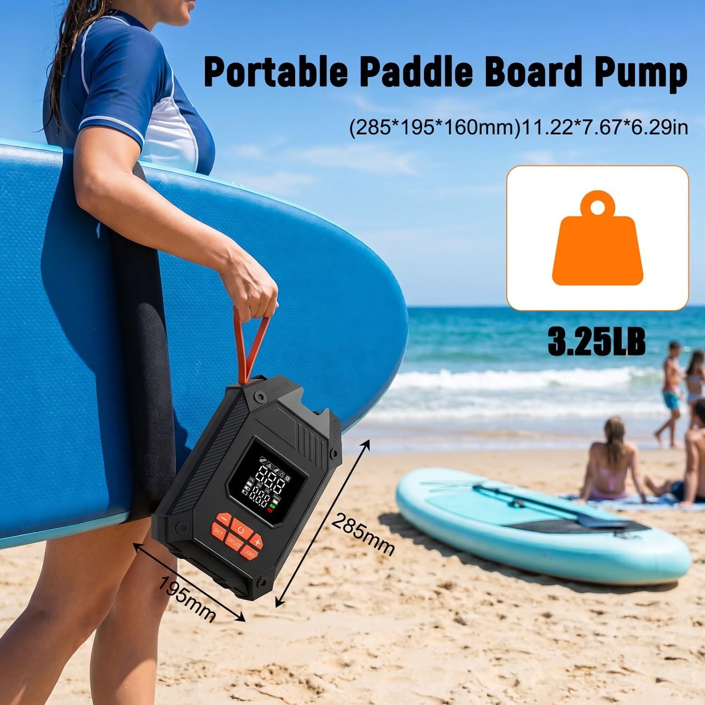 Paddle Board Electric Pump Portable 45 PSI, Dual Powered Rechargeable & 12V DC Air Sup Pump for Car Tires, Paddleboards, Kayak, Tents, Mattresses & Water Sports Inflation & Deflation, Auto-Off