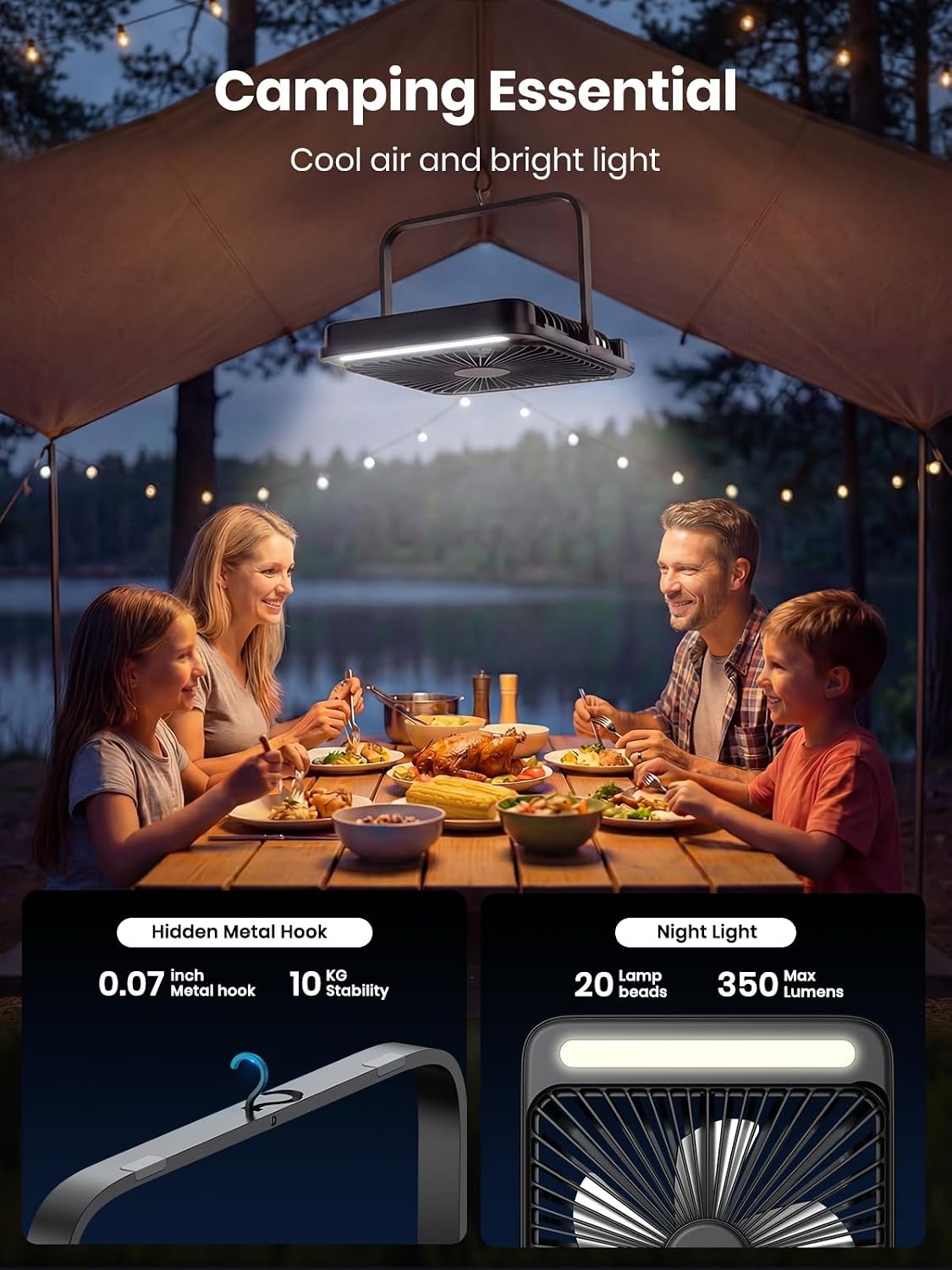 Warmco D4 Battery Powered Camping Fan 20000mAh, LED Lantern | Up To 48H Runtime, Ultra-Slim Quiet 8-Inch Fan, Digital Display & Hook for Tent, Bedroom, Outdoor & Travel