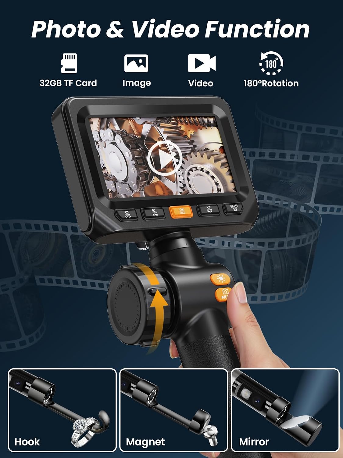 Two-Way Articulating Borescope, Endoscope Camera with Light, Dual-Lens 1080P Industrial Inspection Camera, 4.3" IPS Screen, 32GB Card, IP67 Waterproof Sewer Tools - 5FT
