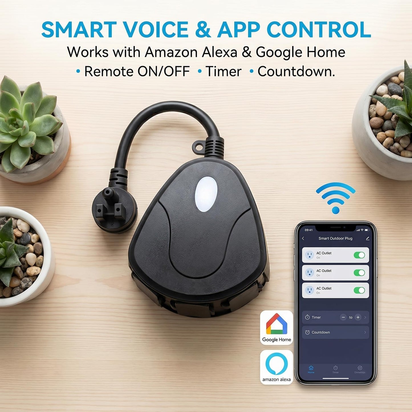 Outdoor Smart Plug 3 Outlets WiFi Power Strip, 15A 1875W Weatherproof Surge Protector with Timer Countdown, Compatible with Alexa Google Home, 2.4GHz