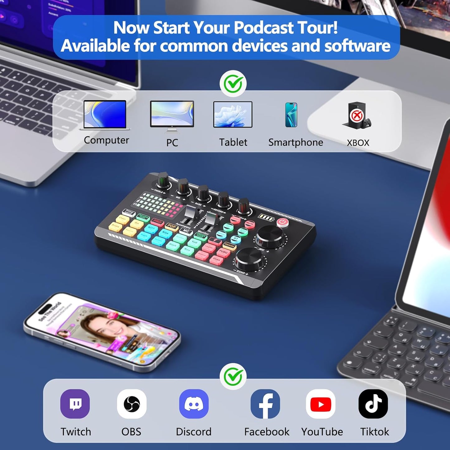 SINWE Podcast Microphone Bundle, BM-800 Condenser Mic with Live Sound Card Kit, Podcast Equipment Bundle with voice changer and Mixer functions for PC Smartphone Studio Recording & Broadcasting