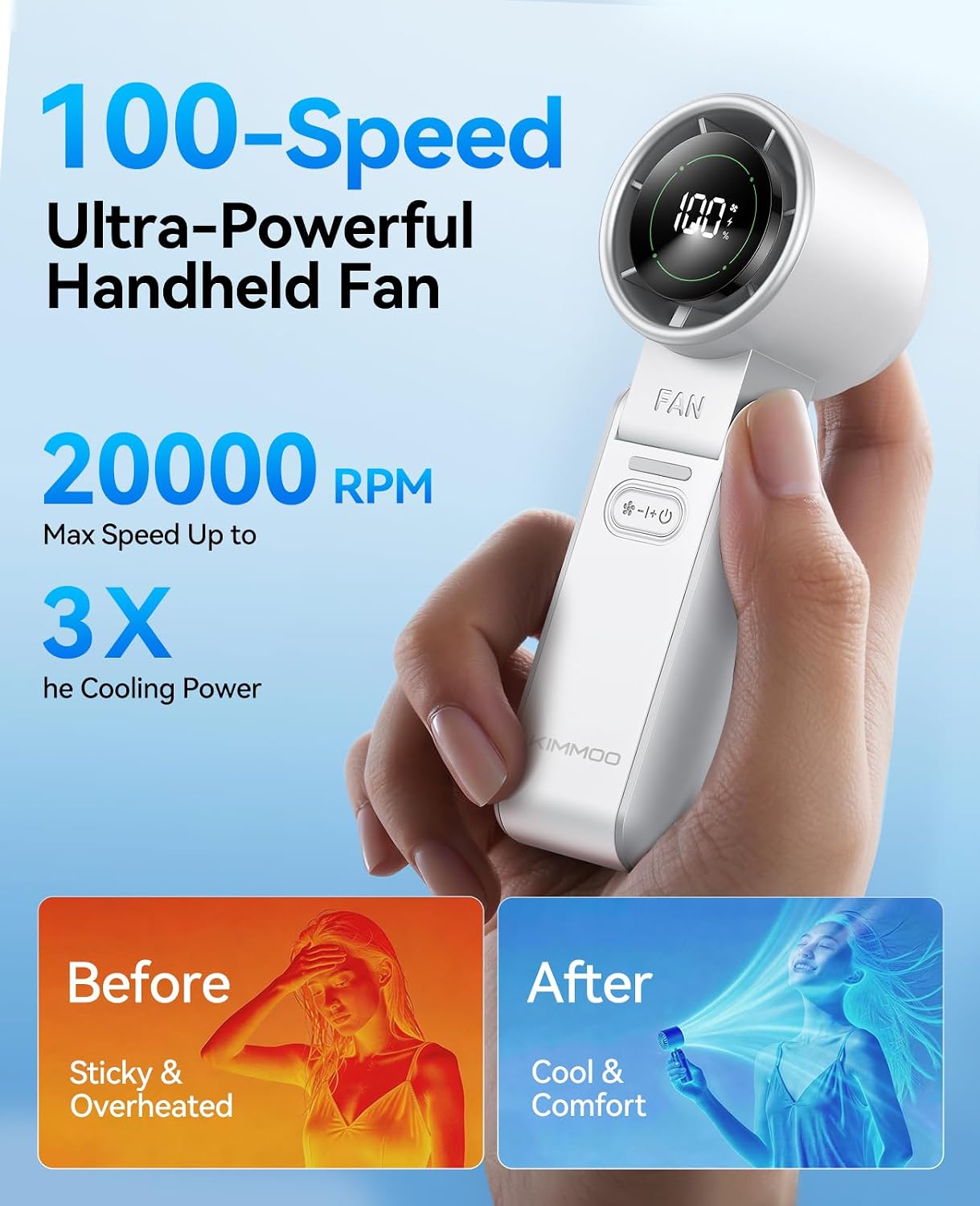 KIMMOO 3-in-1 Portable Handheld Turbo Fan-100 Speeds,Powerful 20000 RPM, 12Hrs Cooling, LED Display, 120° Rotation, USB Rechargeable Mini Hand Held Personal Fan for Travel Makeup Outdoor Indoor, White