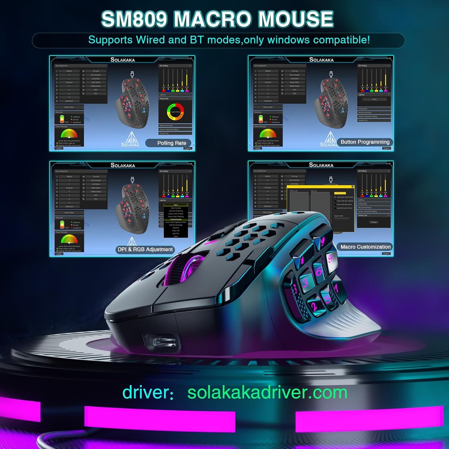 SOLAKAKA SM809 Pro MMO Gaming Mouse with 9 Side Buttons,24000 DPI RGB Mouse for Gamer,16 Programmable Macros MMO Mouse,Black