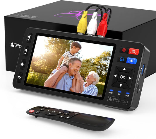 Portta VD20P VHS to Digital Converter with 5" HD Screen, Video Capture Recorder Convert to MP4 Compatible with VHS, VCR, DVR, DVD, Hi8, Mini DV, Gaming Console (VCR/VHS/DVD Player/Camcorder Required)