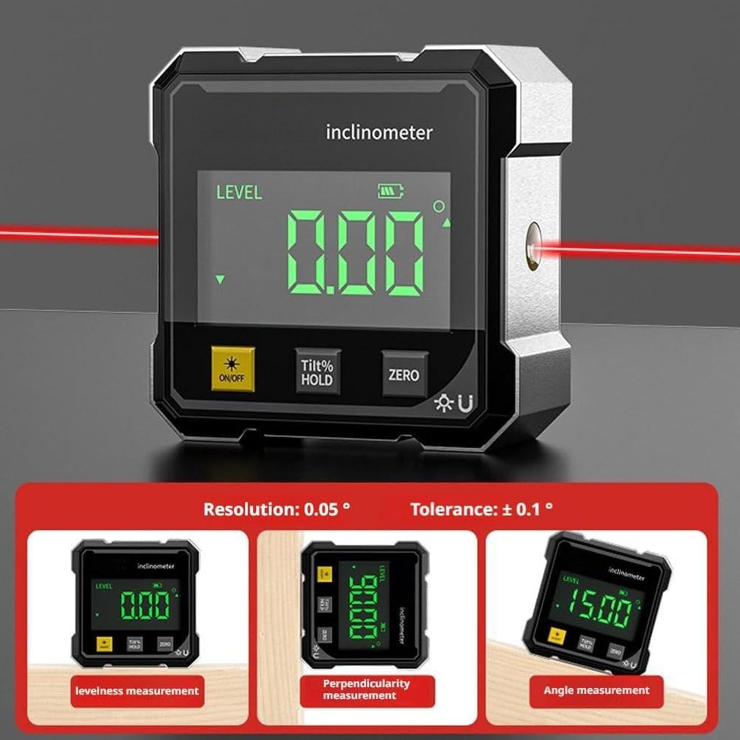 Digital Angle Finder with Electronic Laser & 4-Side Magnetic Base - Electronic Inclinometer with LED Display Cube Inclinometer, Table Saw Miter Protractor, Woodworking Measuring Tool, Level Box
